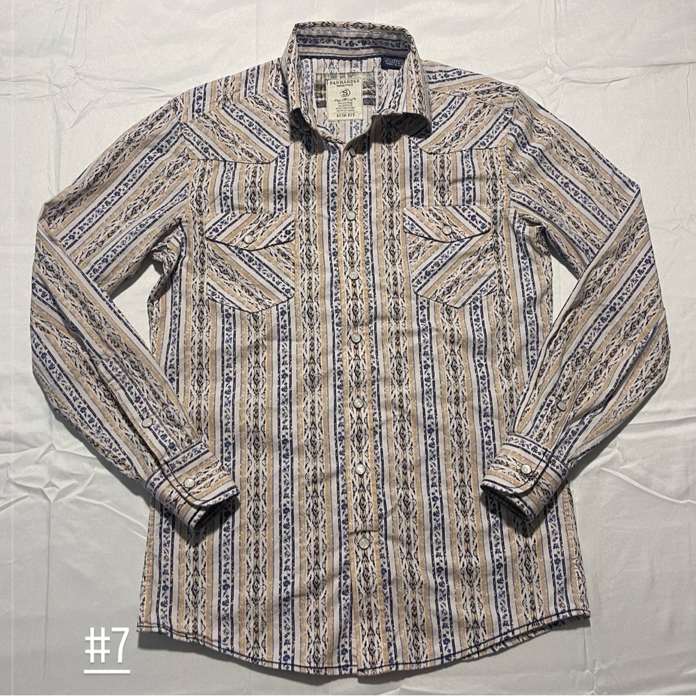 Men's Striped Pearl Snap Shirt in Beige and Navy